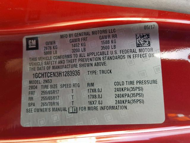 1GCHTCEN3H1283936 - 2017 CHEVROLET COLORADO L BURGUNDY photo 10