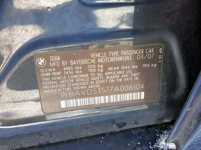 WBAVD53577A006104 - 2007 BMW 335 XI BLACK photo 10