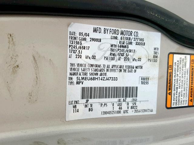 5LMEU68H14ZJ47333 - 2004 LINCOLN AVIATOR 银色 照片 10