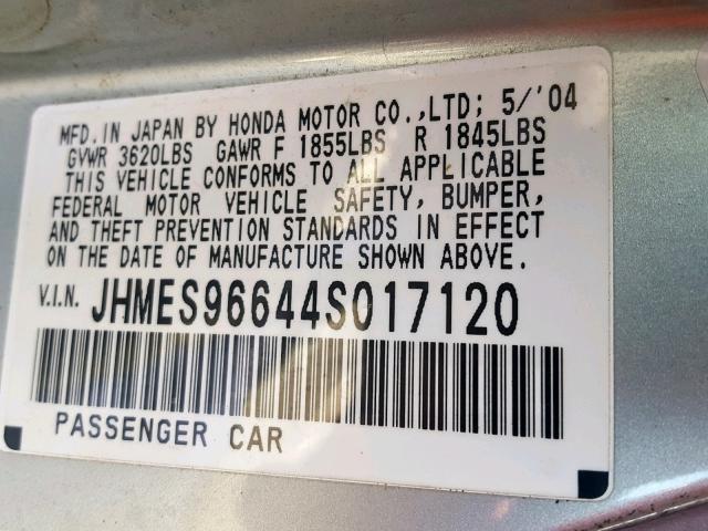 JHMES96644S017120 - 2004 HONDA CIVIC HYBR SILVER photo 10