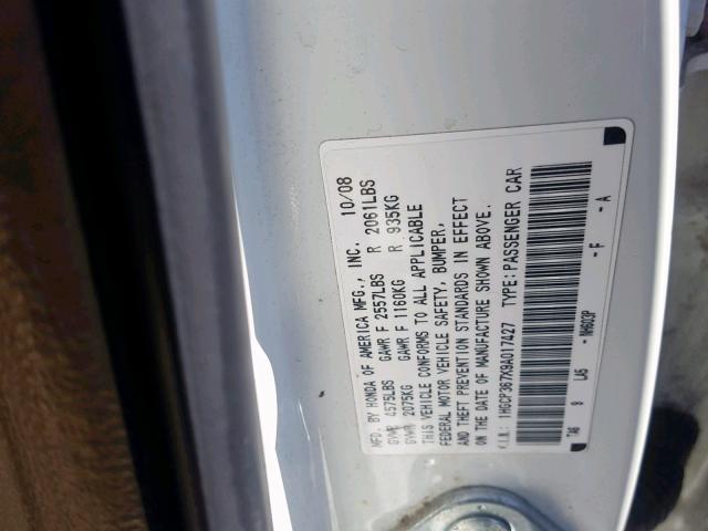 1HGCP367X9A017427 - 2009 HONDA ACCORD EX WHITE photo 10