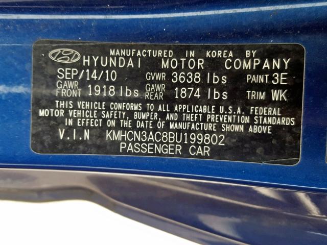 KMHCN3AC8BU199802 - 2011 HYUNDAI ACCENT SE BLUE photo 10