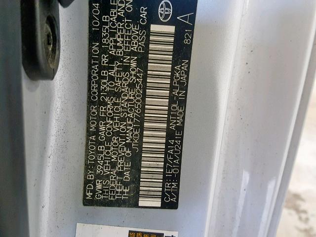 JTKDE177650025447 - 2005 TOYOTA SCION TC ვერცხლისფერი ფოტო 10