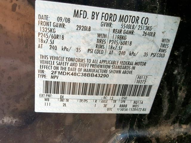 2FMDK48C38BB43290 - 2008 FORD EDGE SEL BLUE photo 10