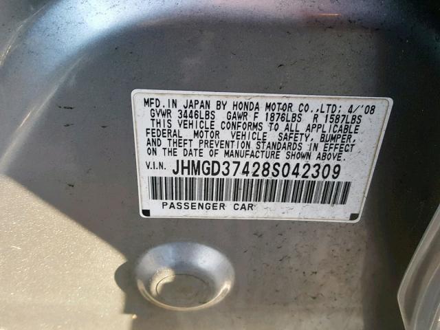 JHMGD37428S042309 - 2008 HONDA FIT GRAY photo 10