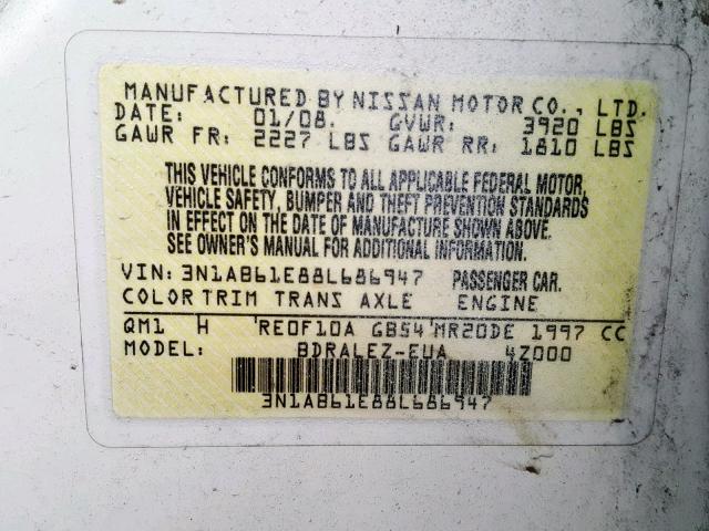 3N1AB61E88L686947 - 2008 NISSAN SENTRA 2.0 WHITE photo 10