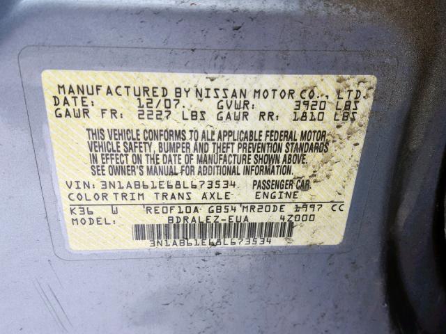 3N1AB61E68L673534 - 2008 NISSAN SENTRA 2.0 GRAY photo 10