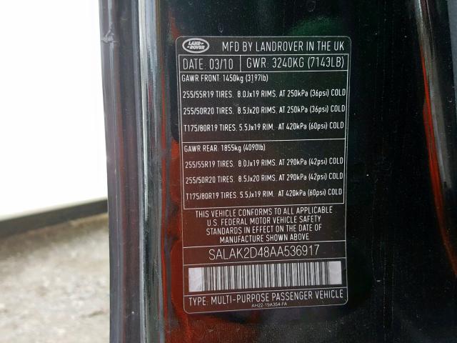 SALAK2D48AA536917 - 2010 LAND ROVER LR4 HSE LU BLACK photo 10