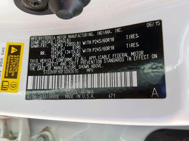 5TDZKRFH0FS092610 - 2015 TOYOTA HIGHLANDER WHITE photo 10