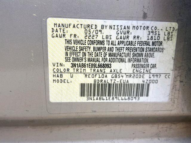 3N1AB61E89L668093 - 2009 NISSAN SENTRA 2.0 GOLD photo 10