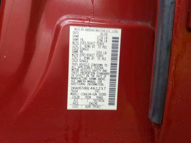 1N6AD07U86C461257 - 2006 NISSAN FRONTIER C RED photo 10