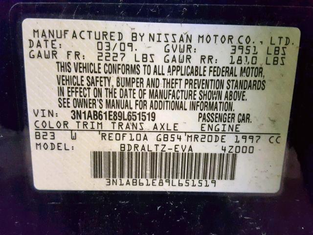 3N1AB61E89L651519 - 2009 NISSAN SENTRA 2.0 BLUE photo 10