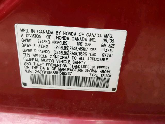 2HJYK16586H519237 - 2006 HONDA RIDGELINE BURGUNDY photo 10