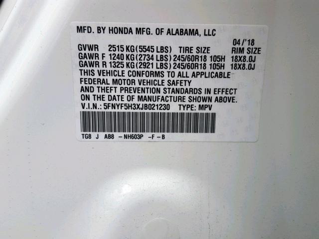 5FNYF5H3XJB021230 - 2018 HONDA PILOT EX WHITE photo 10