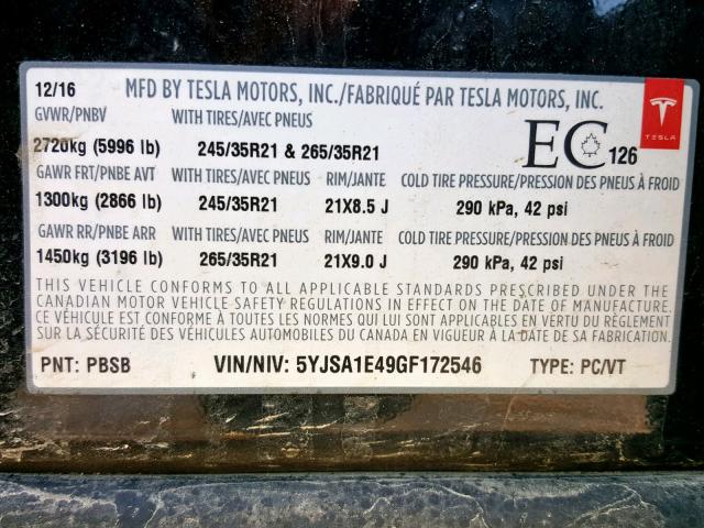 5YJSA1E49GF172546 - 2016 TESLA MODEL S BLACK photo 10