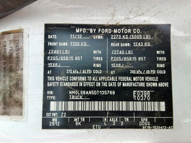 NM0LS6AN5DT135769 - 2013 FORD TRANSIT CO WHITE photo 10