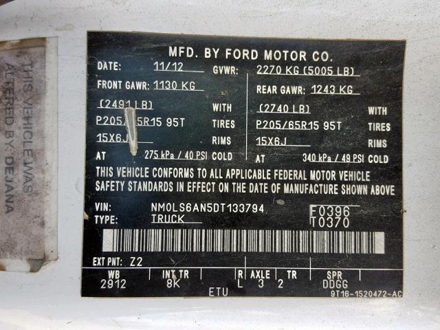 NM0LS6AN5DT133794 - 2013 FORD TRANSIT CO WHITE photo 10