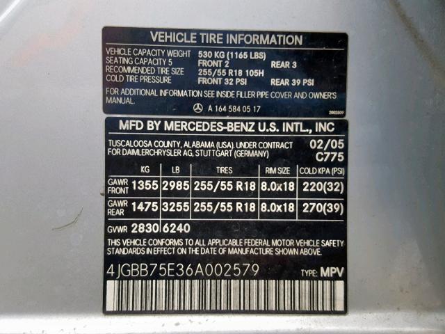 4JGBB75E36A002579 - 2006 MERCEDES-BENZ ML 500 SILVER photo 10