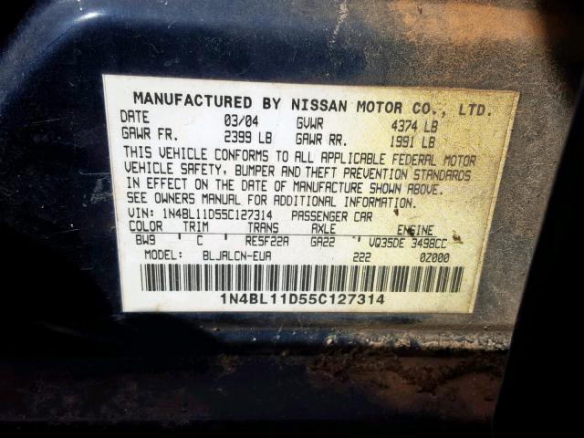 1N4BL11D55C127314 - 2005 NISSAN ALTIMA SE BLUE photo 10