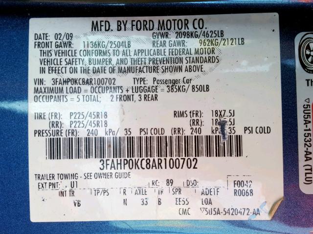 3FAHP0KC8AR100702 - 2010 FORD FUSION SPO BLUE photo 10