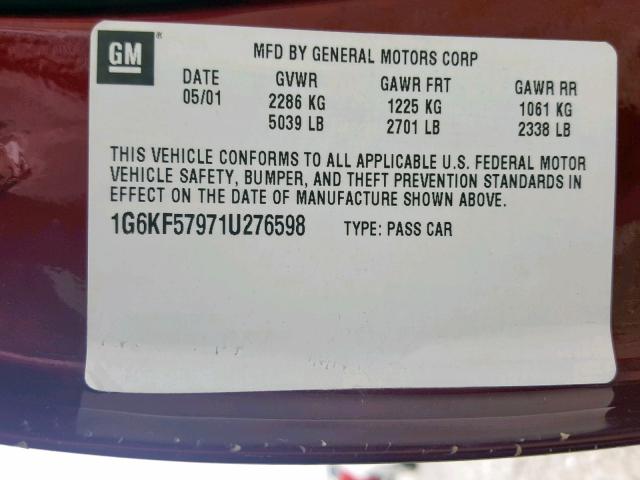 1G6KF57971U276598 - 2001 CADILLAC DEVILLE DT RED photo 10