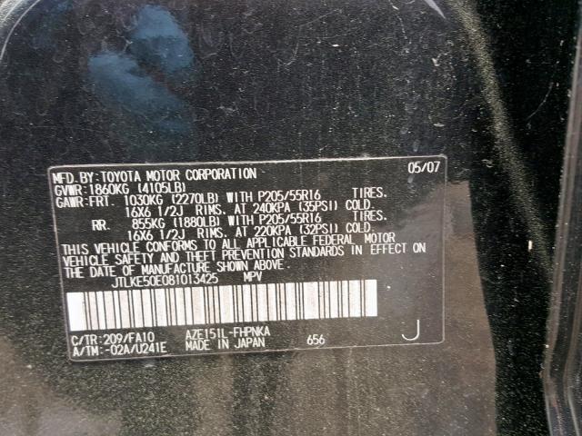 JTLKE50E081013425 - 2008 TOYOTA SCION XB BLACK photo 10