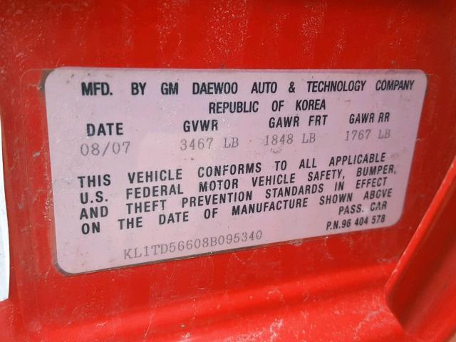 KL1TD56608B095340 - 2008 CHEVROLET AVEO BASE Қызыл фото 10