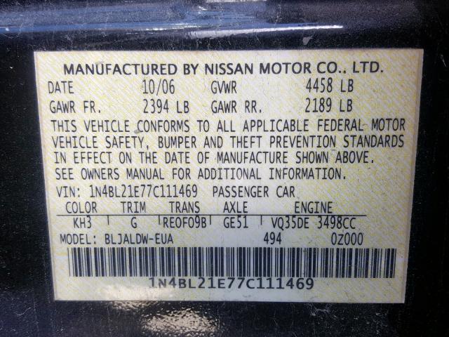 1N4BL21E77C111469 - 2007 NISSAN ALTIMA 3.5 BLACK photo 10