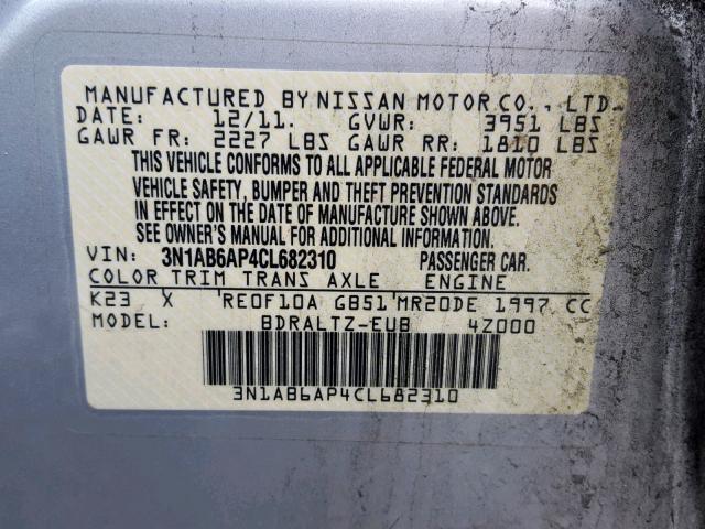 3N1AB6AP4CL682310 - 2012 NISSAN SENTRA 2.0 SILVER photo 10