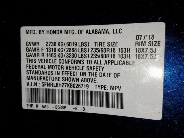 5FNRL6H27KB026719 - 2019 HONDA ODYSSEY LX BLUE photo 10