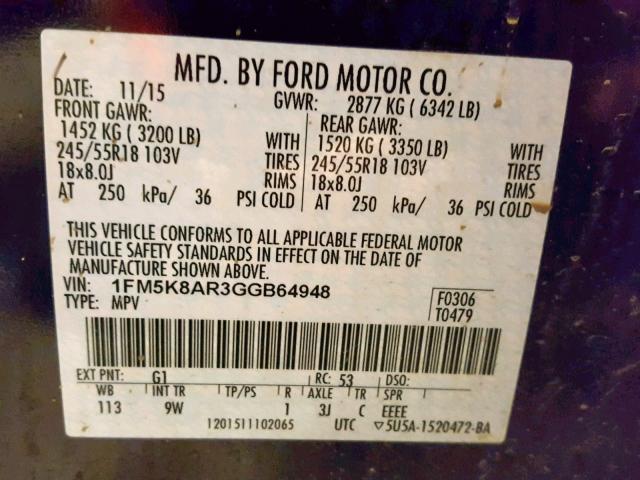 1FM5K8AR3GGB64948 - 2016 FORD EXPLORER P BLACK photo 10