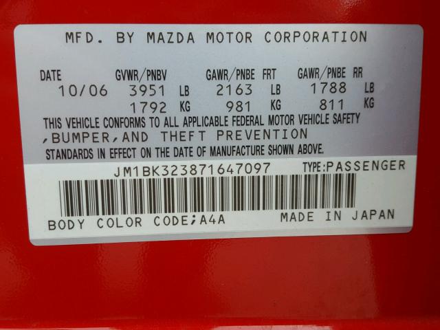 JM1BK323871647097 - 2007 MAZDA 3 S RED photo 10