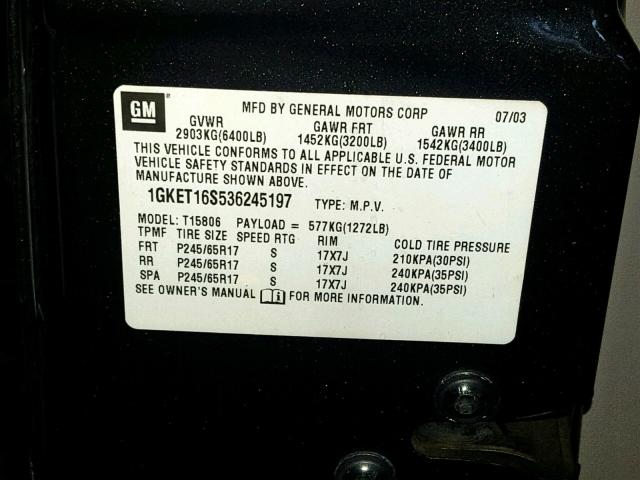 1GKET16S536245197 - 2003 GMC ENVOY XL BLACK photo 10