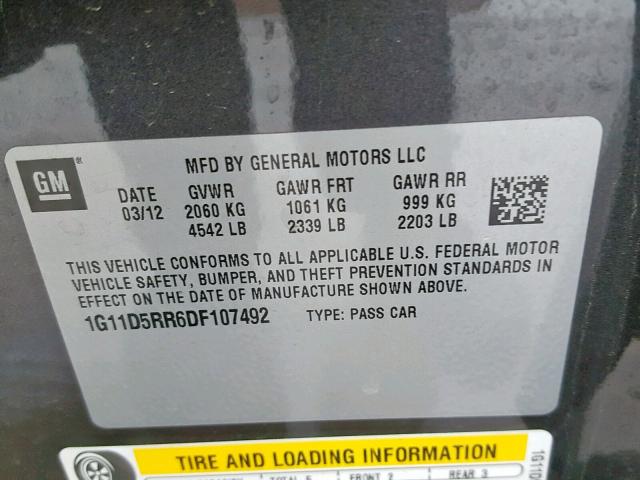 1G11D5RR6DF107492 - 2013 CHEVROLET MALIBU 1LT 灰色 照片 10