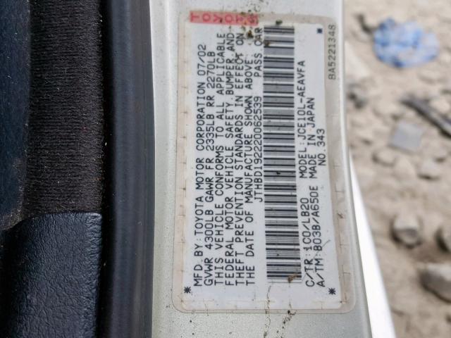 JTHBD192220062539 - 2002 LEXUS IS 300 SILVER photo 10