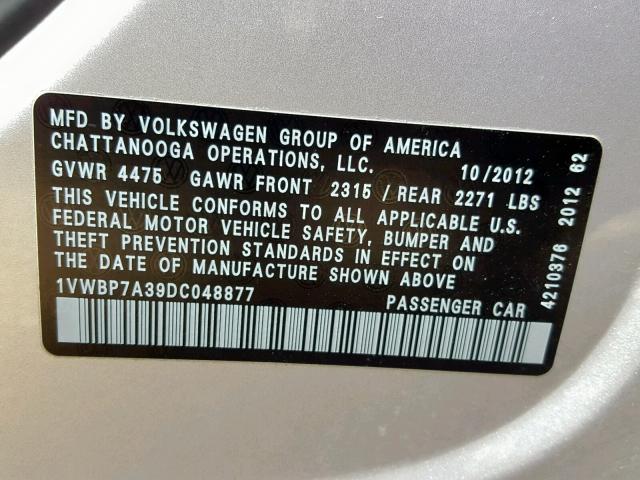 1VWBP7A39DC048877 - 2013 VOLKSWAGEN PASSAT SE SILVER photo 10