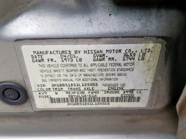 3N1BB51D51L125505 - 2001 NISSAN SENTRA SE SILVER photo 10