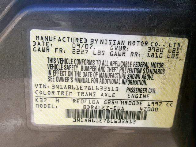 3N1AB61E78L633513 - 2008 NISSAN SENTRA 2.0 BROWN photo 10