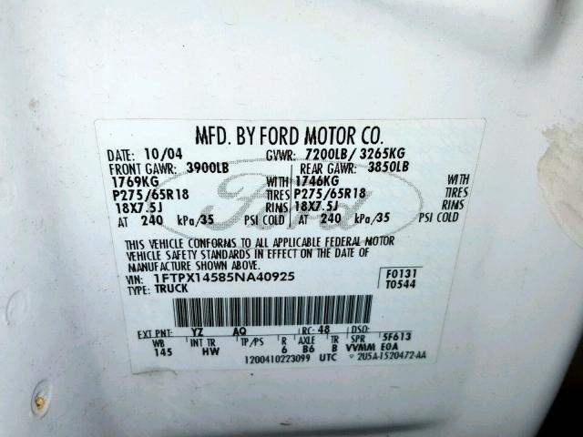 1FTPX14585NA40925 - 2005 FORD F150 WHITE photo 10