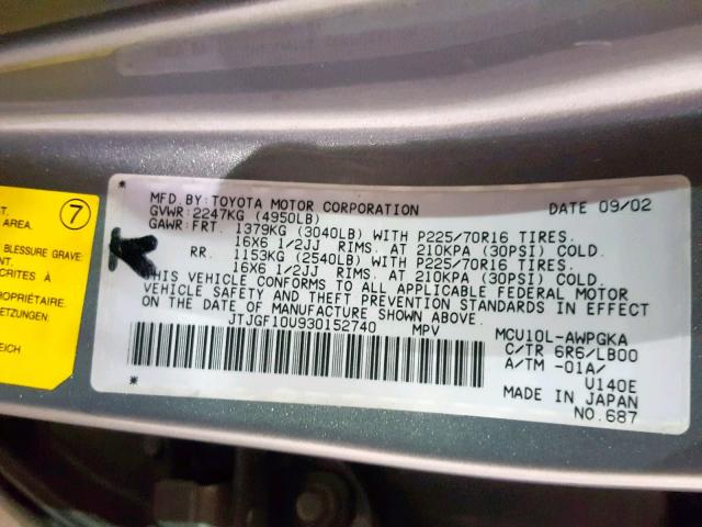 JTJGF10U930152740 - 2003 LEXUS RX 300 GRAY photo 10