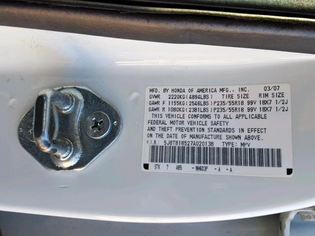 5J8TB18527A020138 - 2007 ACURA RDX TECHNO WHITE photo 10