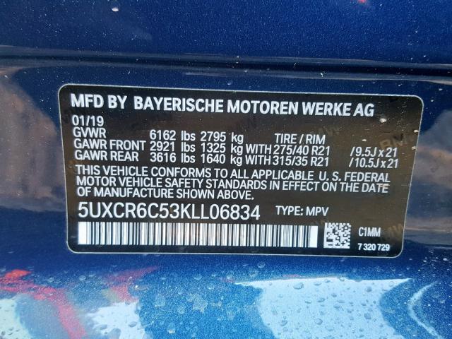 5UXCR6C53KLL06834 - 2019 BMW X5 XDRIVE4 BLUE photo 10