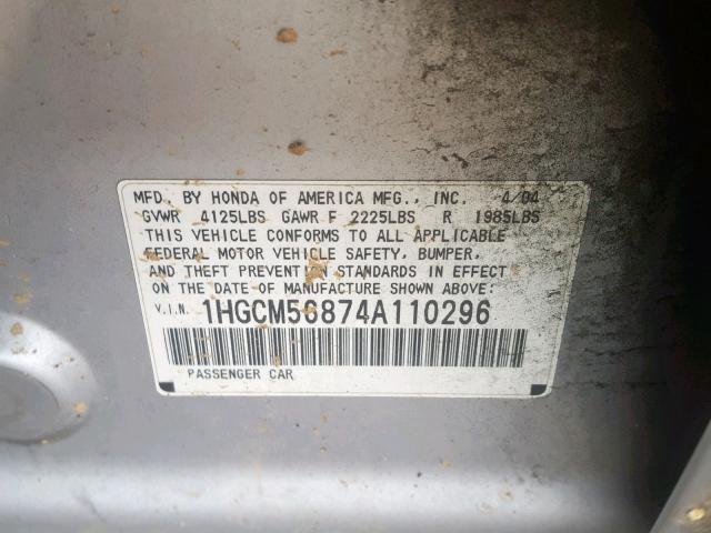 1HGCM56874A110296 - 2004 HONDA ACCORD EX SILVER photo 10