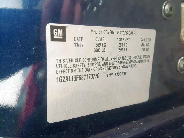 1G2AL18F687170770 - 2008 PONTIAC G5 BLUE photo 10
