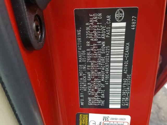 4T1BE46K97U024225 - 2007 TOYOTA CAMRY NEW RED photo 10