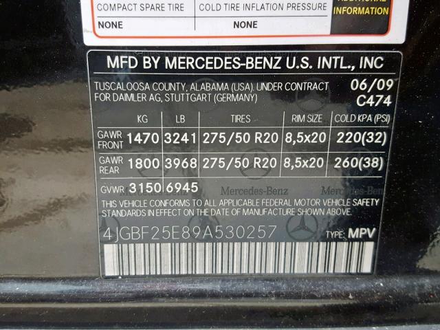 4JGBF25E89A530257 - 2009 MERCEDES-BENZ GL BLACK photo 10