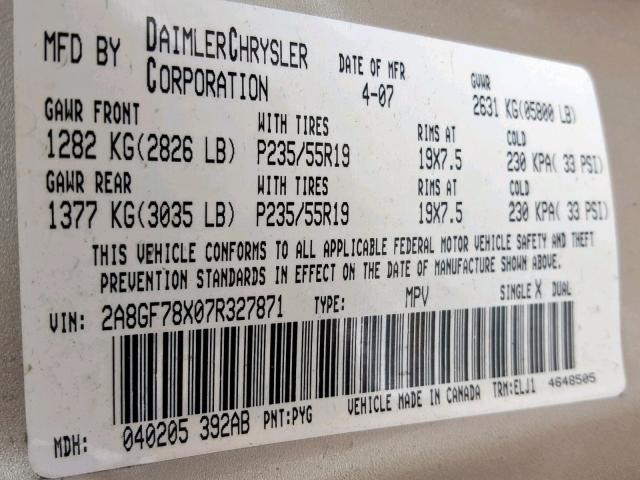 2A8GF78X07R327871 - 2007 CHRYSLER PACIFICA L TAN photo 10