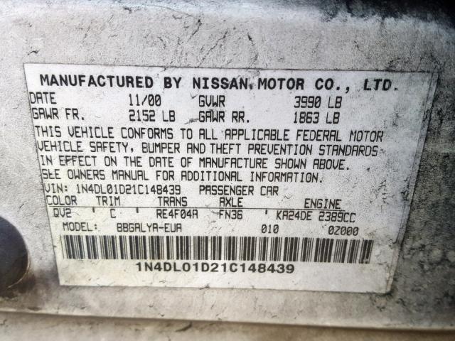 1N4DL01D21C148439 - 2001 NISSAN ALTIMA XE WHITE photo 10