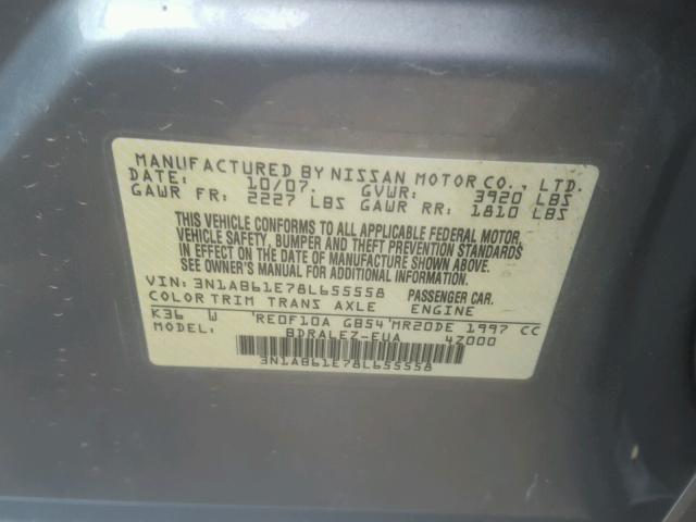 3N1AB61E78L655558 - 2008 NISSAN SENTRA 2.0 GRAY photo 10