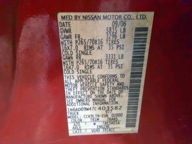 1N6AD09W47C403582 - 2007 NISSAN FRONTIER C RED photo 10